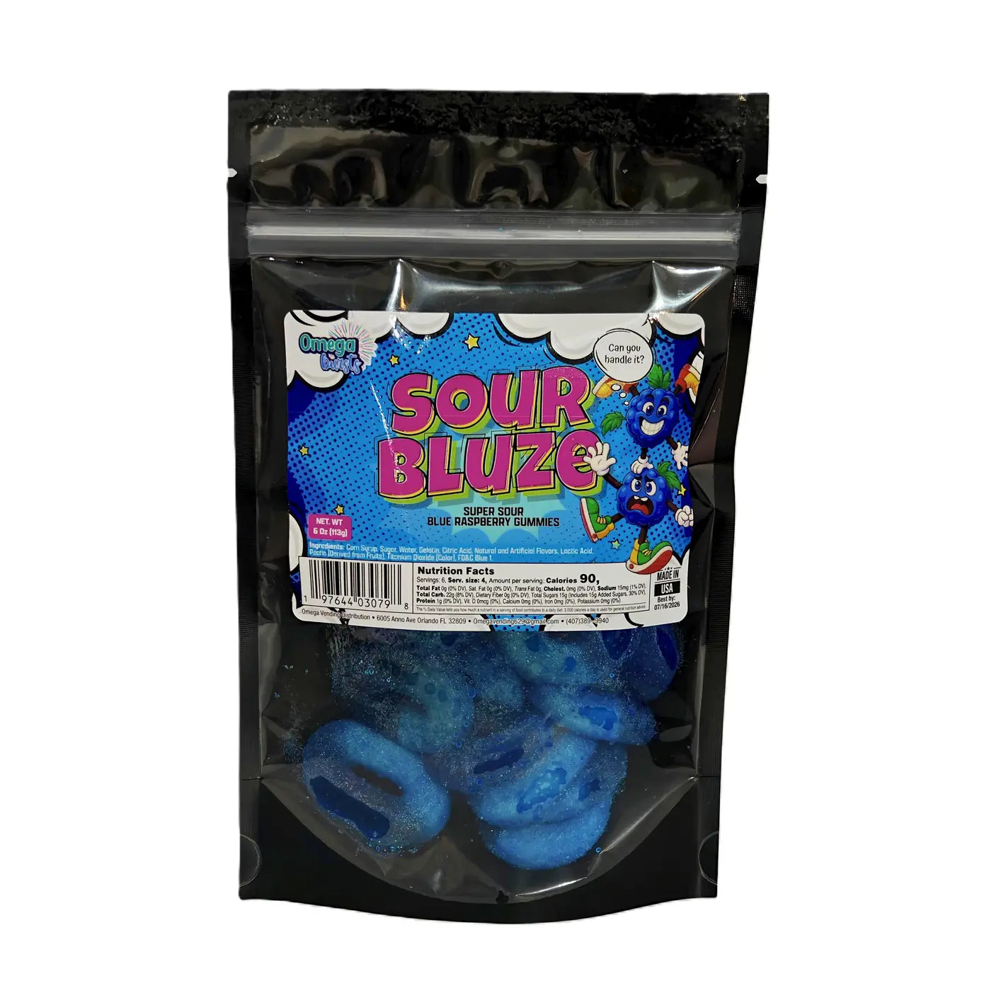 Omega Bursts Sour Bluze Super Sour Blue Raspberry Gummies (USA)