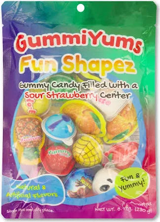 GummiYums: Fun Shapez! (8.1oz) Assorted Gummy Candy Filled with a Sour Strawberry Center